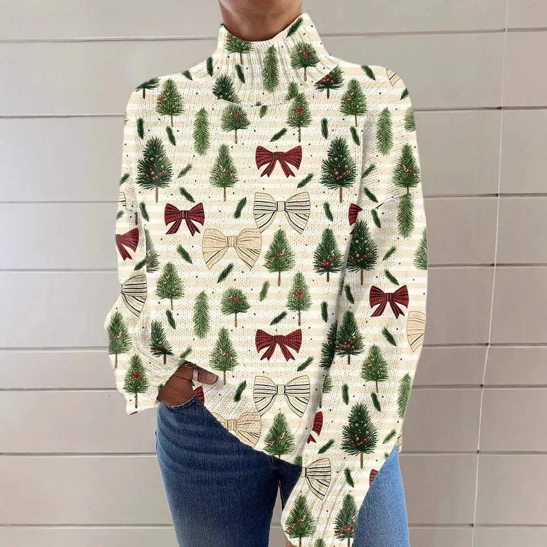 Women's loose-fit Christmas printed turtleneck sweater in a soft macaron colour.