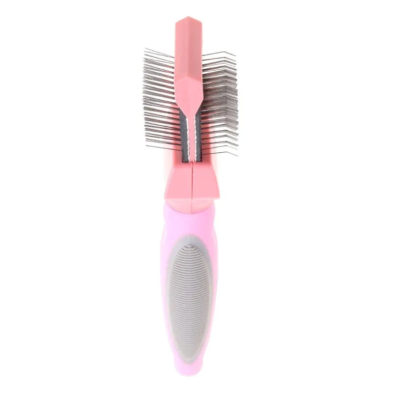 Double-sided pet grooming brush with stainless steel bristles in blue colour
