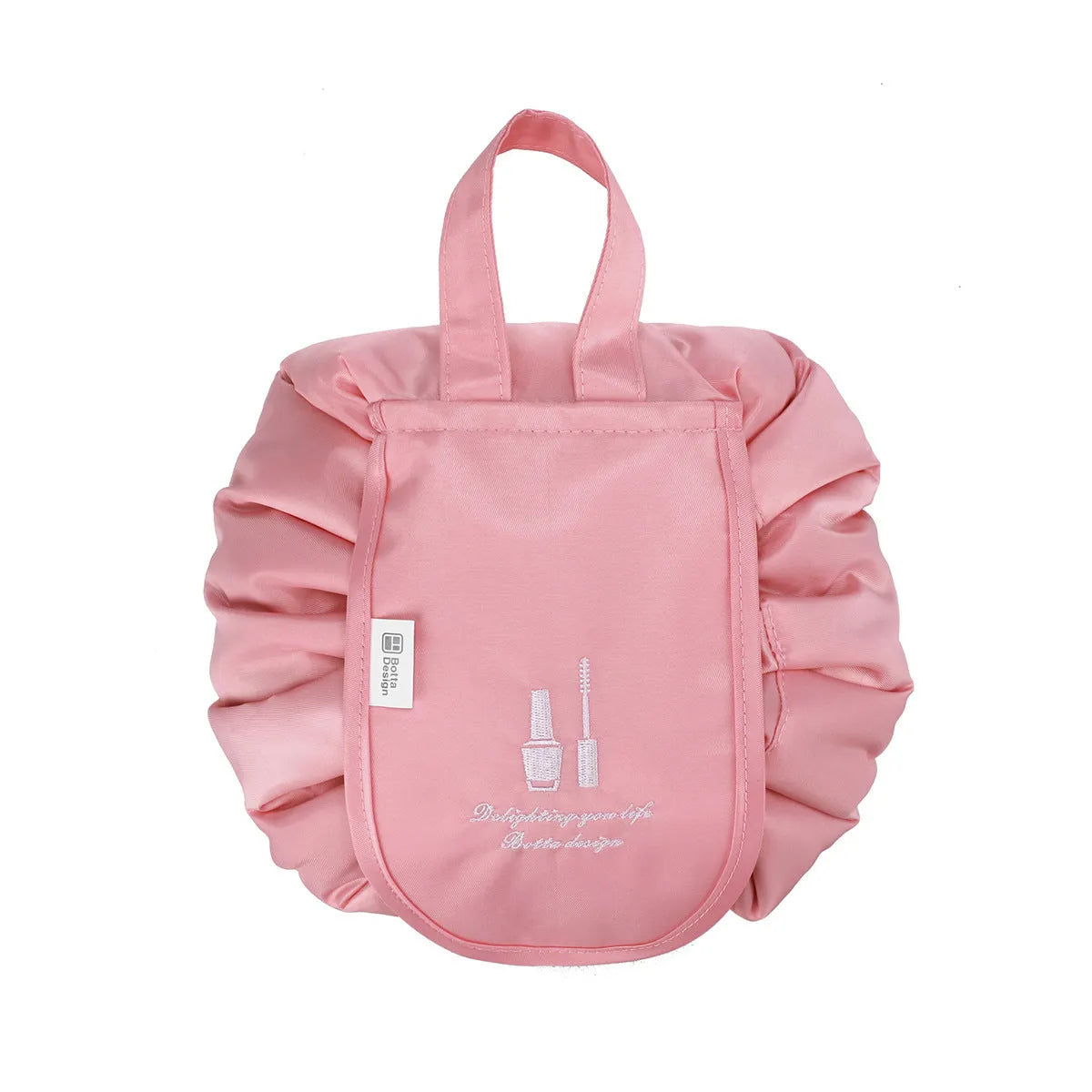 Large waterproof polyester drawstring makeup bag in cube shape for travel storage of cosmetics and toiletries