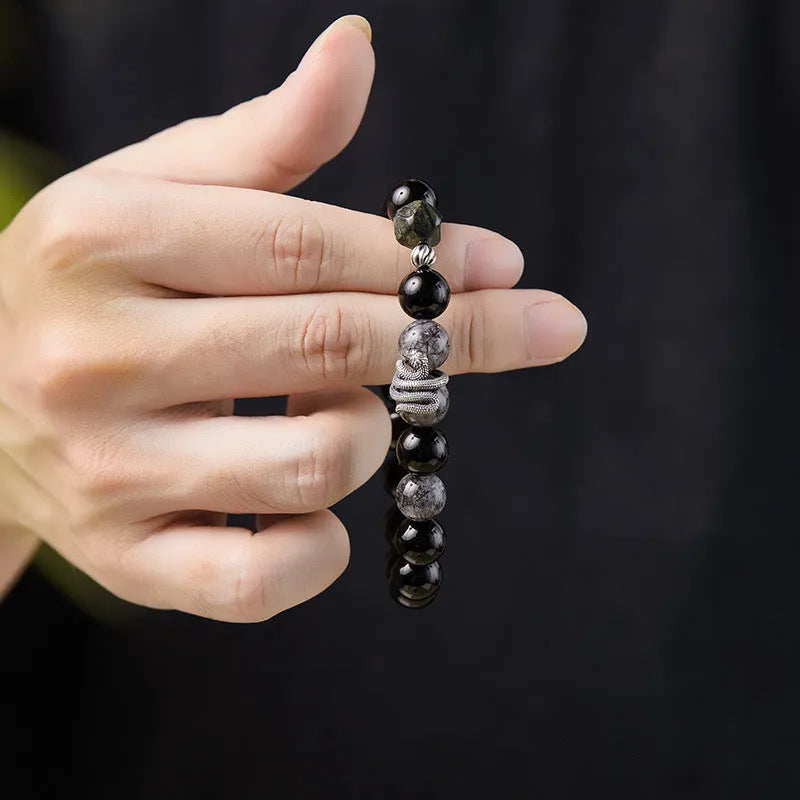 Men's black S925 sterling silver bracelet with obsidian stone and snake year charm