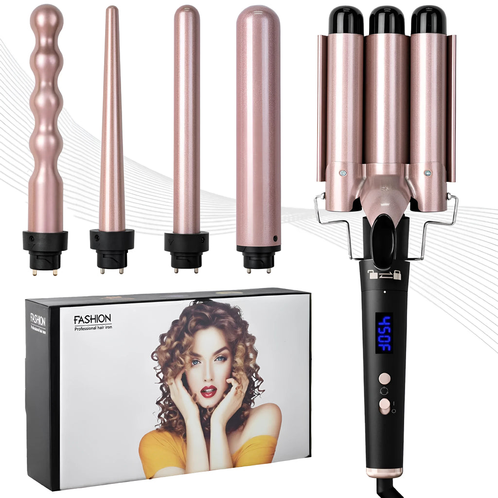 Rose gold five-in-one hair curler with negative ion technology and LCD display