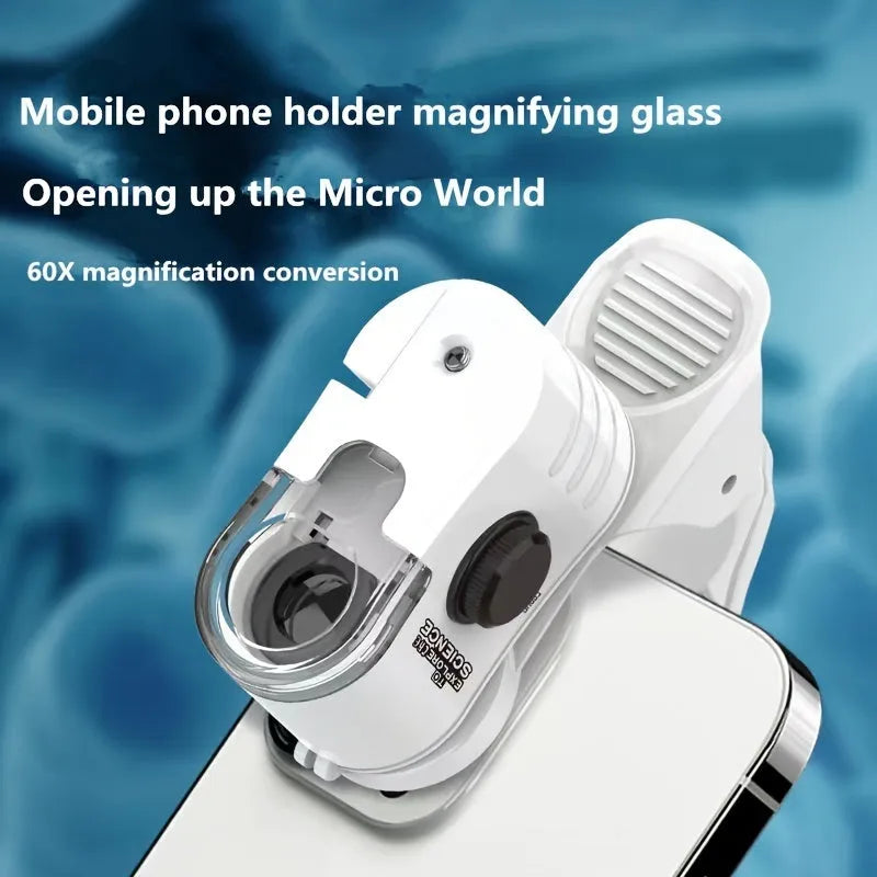 Pocket microscope with detachable clip for smartphone cameras showing 60x magnification and LED light