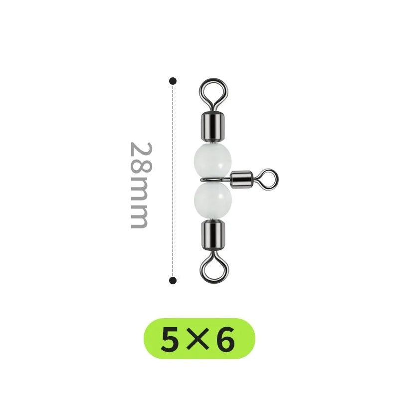 Copper three-fork fishing lure swivel beads with luminous material and eight rotating rings.