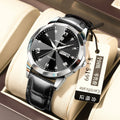 Men's belt style luminous quartz watch with genuine leather strap and round alloy case on display