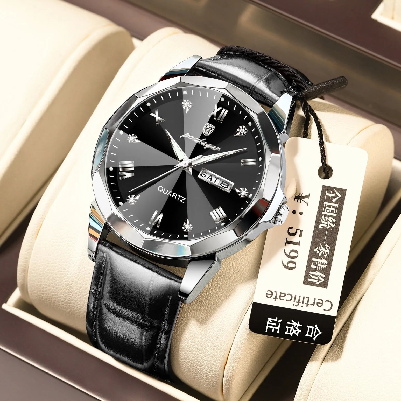 Men's belt style luminous quartz watch with genuine leather strap and round alloy case on display