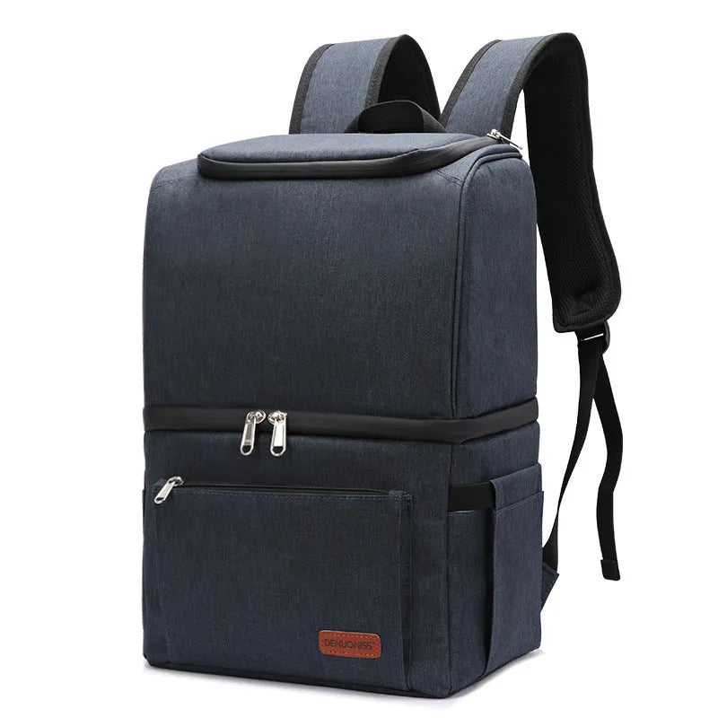 Blue double layer insulated backpack with large main compartment and adjustable straps.