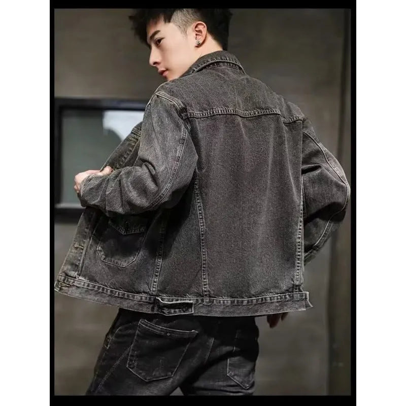 Black and gray Korean-style short denim coat jacket with side pockets and straight hem