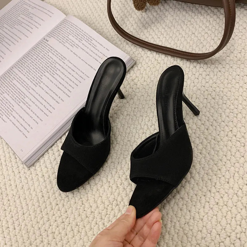 Women's suede high heel slippers fish mouth open toe in khaki and black sizes 35-43
