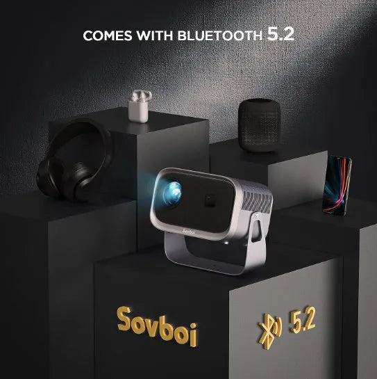 Portable 4K smart home theater projector with mobile phone projection capability showing 1080p resolution display