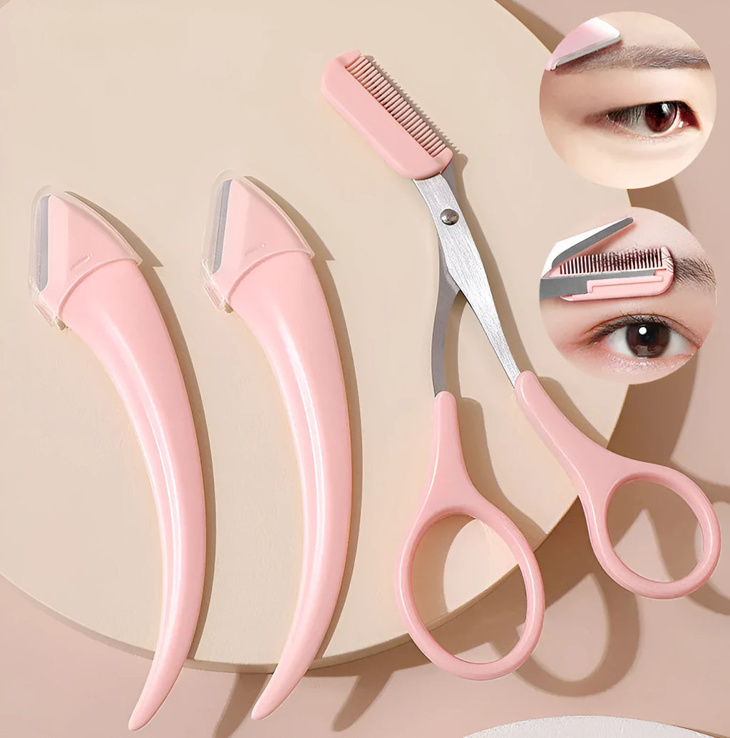 Curved moon shape eyebrow trimming knife with comb in white and pink colours