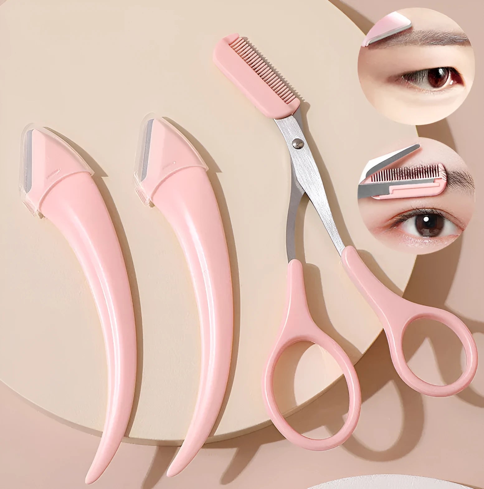Curved moon shape eyebrow trimming knife with comb in white and pink colours