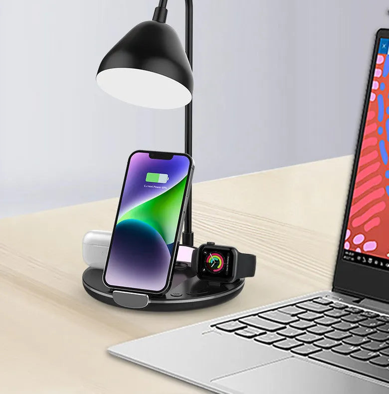Black magnetic folding wireless charger showing adjustable angles and USB connection