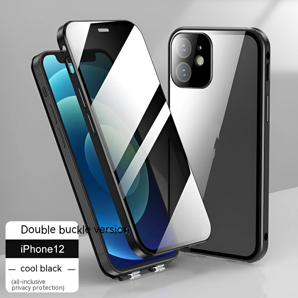 Glass privacy phone case with double-sided buckle for Apple iPhone, shown in multiple colour options.