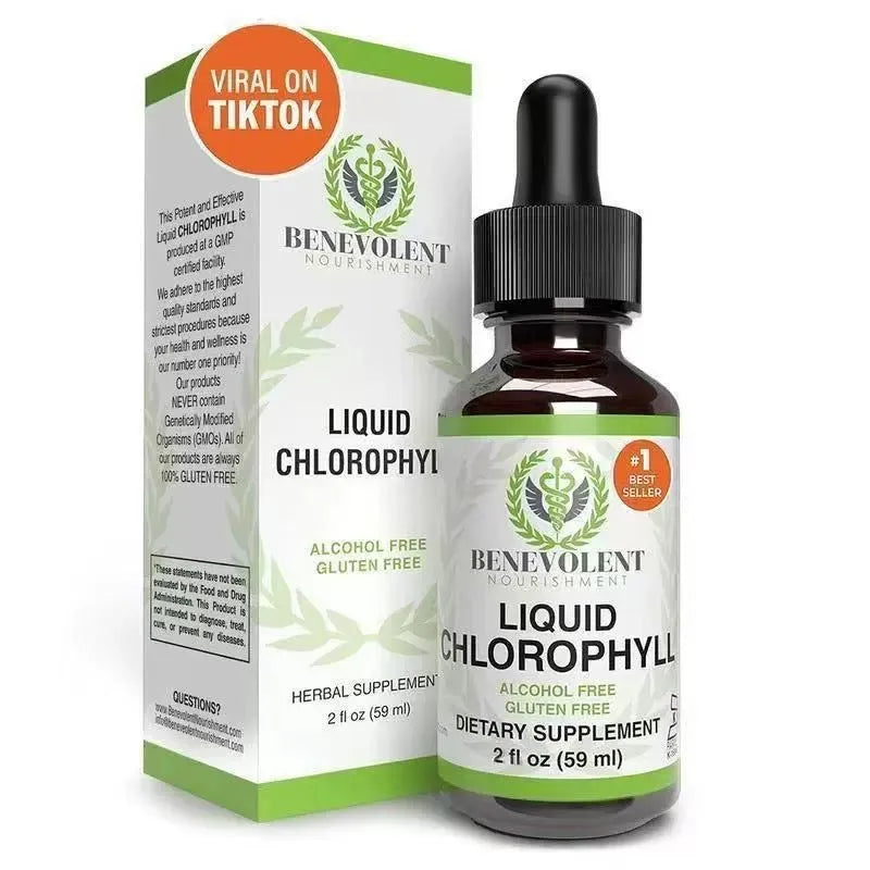 60ml bottle of natural chlorophyll drops with dropper for intestinal care and body odor support