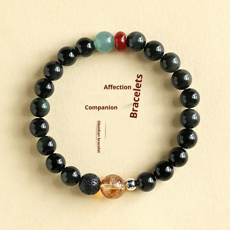 Chinese obsidian yellow tower crystal bracelet with agate jade beads, 8mm or 10mm size option, natural stone jewelry