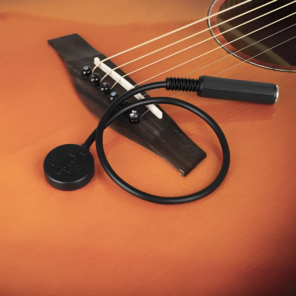 Black universal guitar pickup clip, 40.7cm, with microphone, Velcro strip, and buckle for musical instrument use