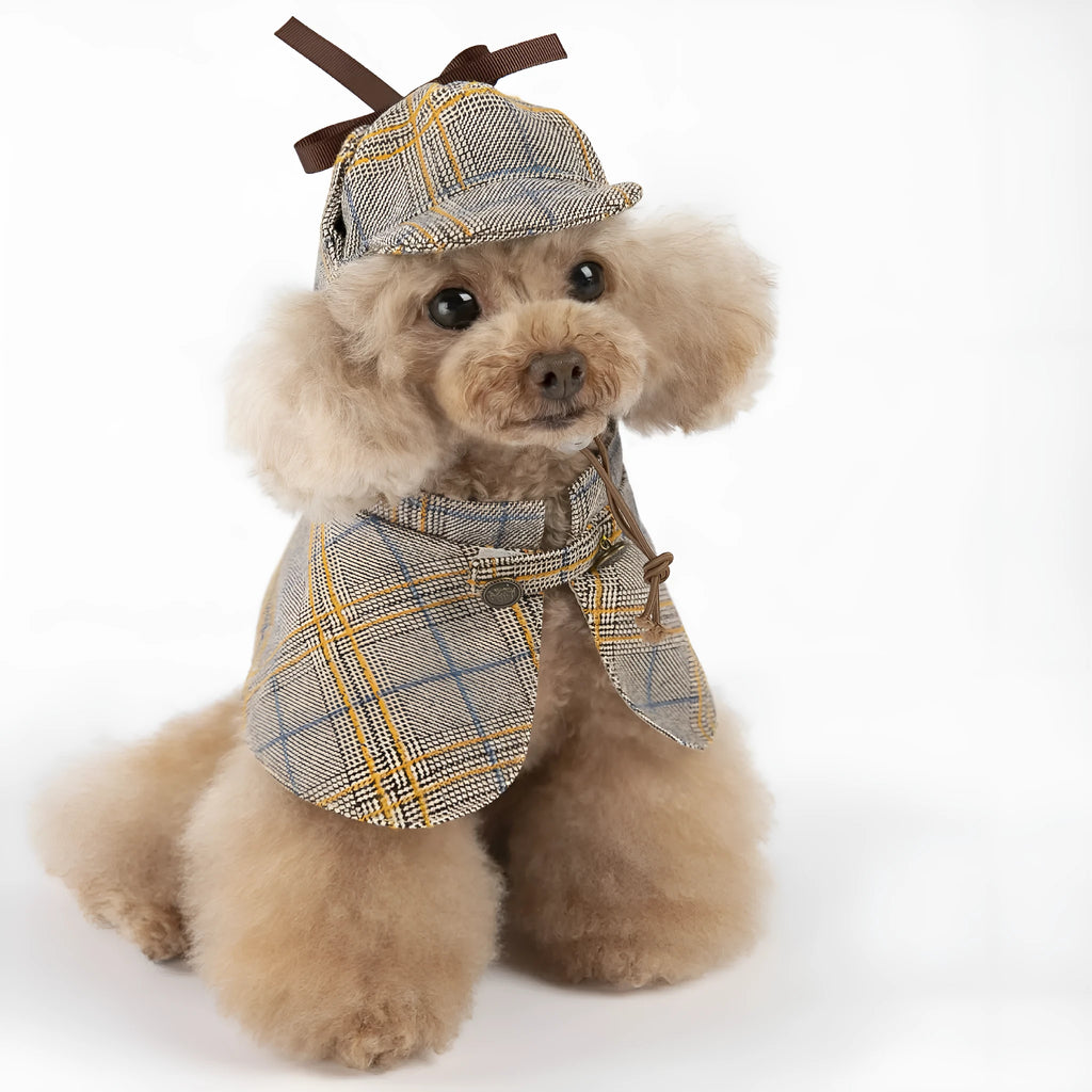 Personalised camel-coloured dog cloak with adjustable hood for spring and autumn wear