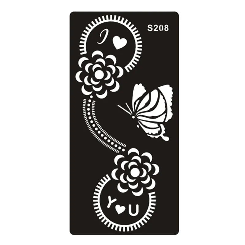 Sheet of hollow geometric pattern temporary tattoo stickers in various colours on water transfer paper.
