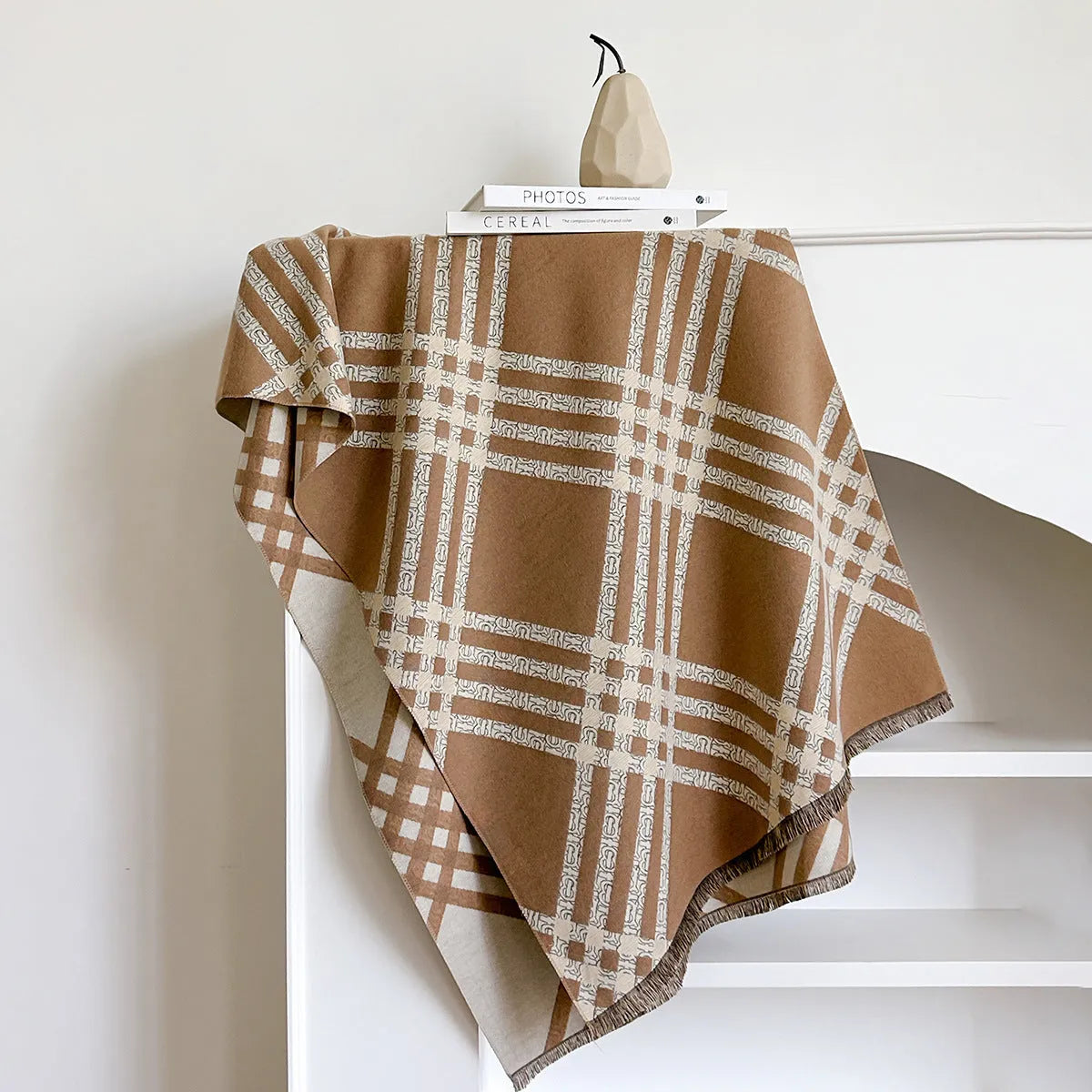 Long brown imitation cashmere scarf with tassel ends laid flat showing its full 185cm length.