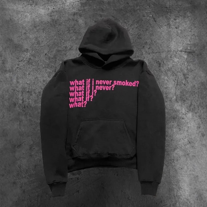 Black hooded sweater with white letter print pattern, hood up, front view