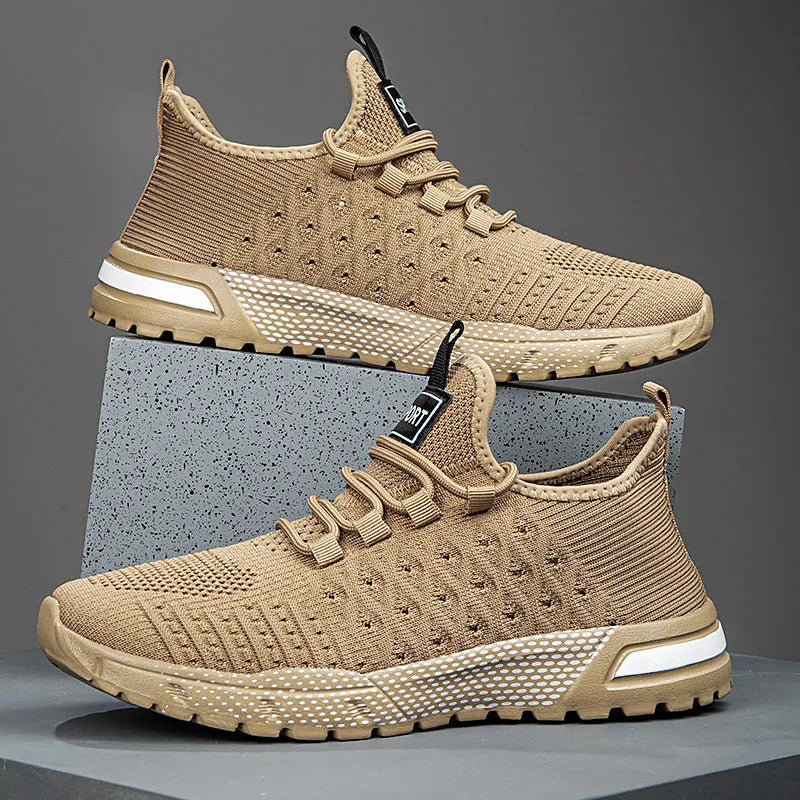 Men's solid colour casual mesh shoe in army green on a white background.