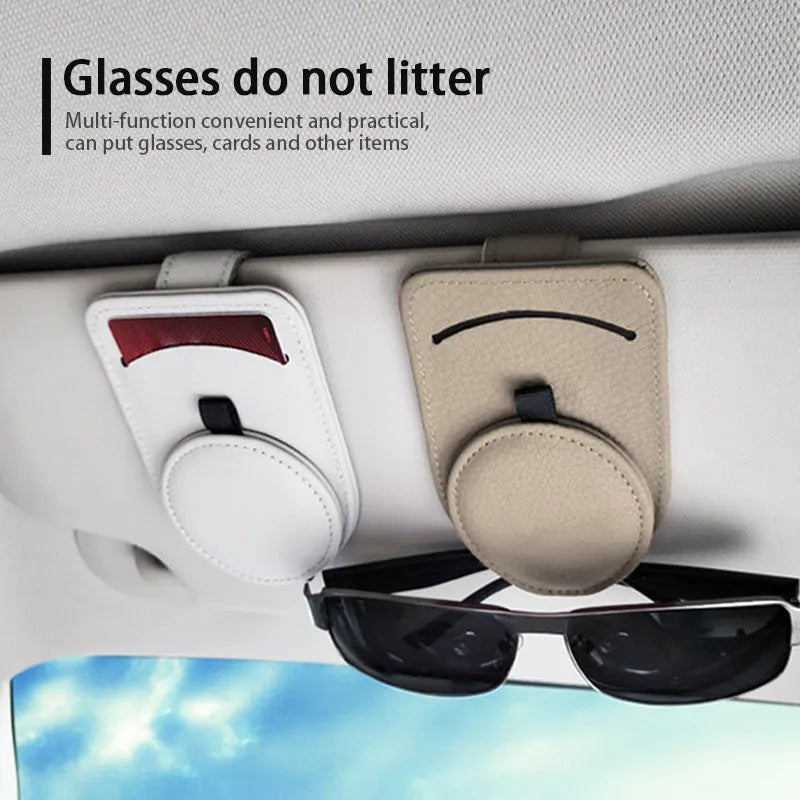 Car glasses holder sun visor clip 11x7cm in synthetic resin and leather for sunglasses and cards