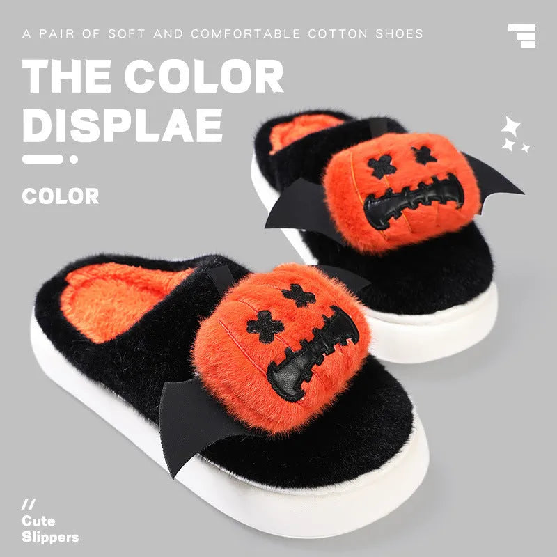 Halloween cartoon pumpkin slippers with small wings, black, non-slip indoor cotton slippers unisex baotou round toe