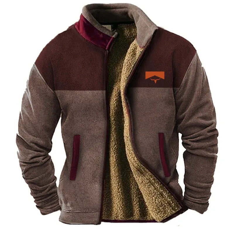 Men's green fleece-padded polyester coat on a hanger, regular length.