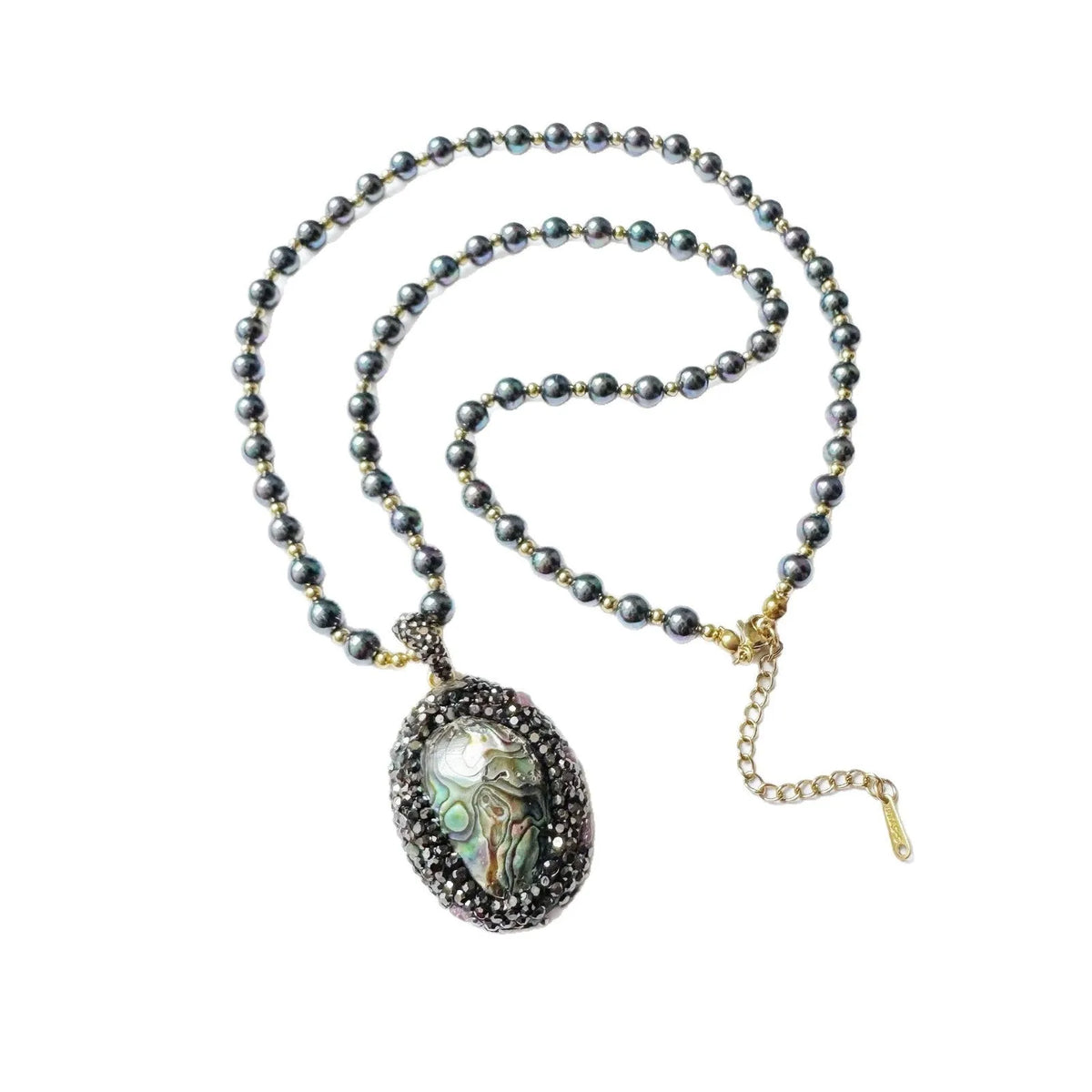 Abalone shell pendant necklace with black stone, beaded chain, geometric oval pendant, vintage retro colour, 60cm.
