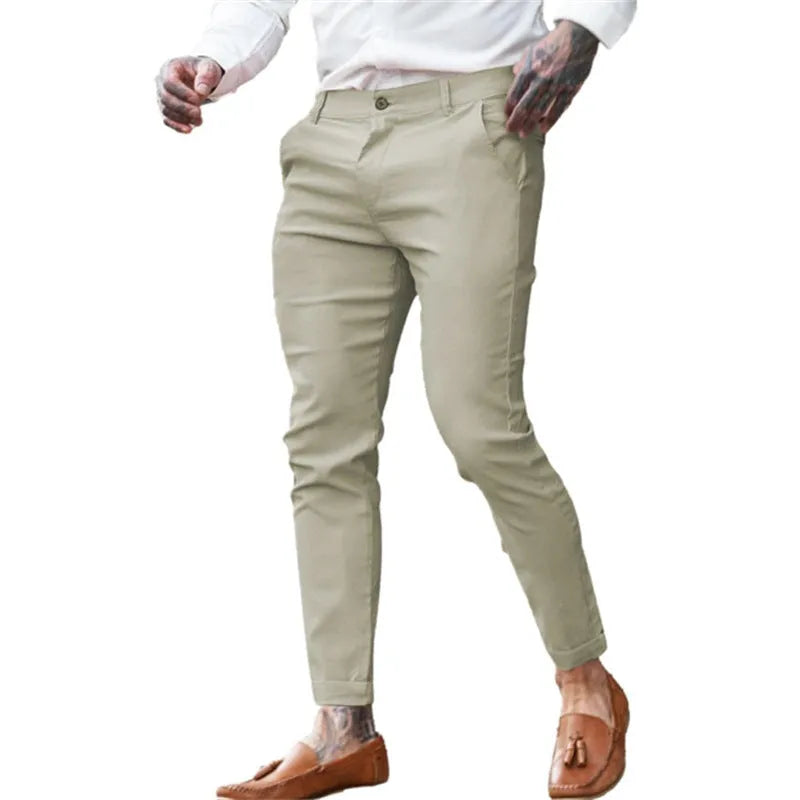Men's slim fit pencil trousers in stretch cotton twill available in multiple colours
