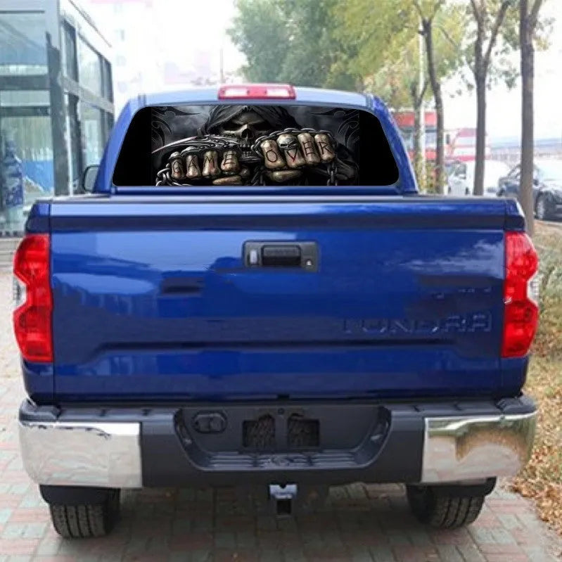 Death skull rear window decal in black on a PVC sticker measuring 135x36cm for vehicle customisation