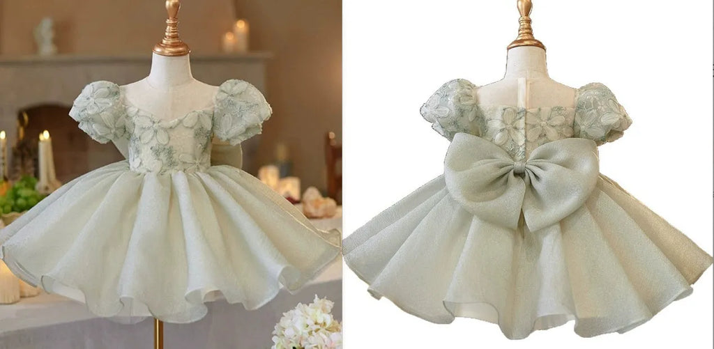 French children's birthday dress in fruit green for girls, princess style, polyester blend, suitable height 80-150cm with bow option