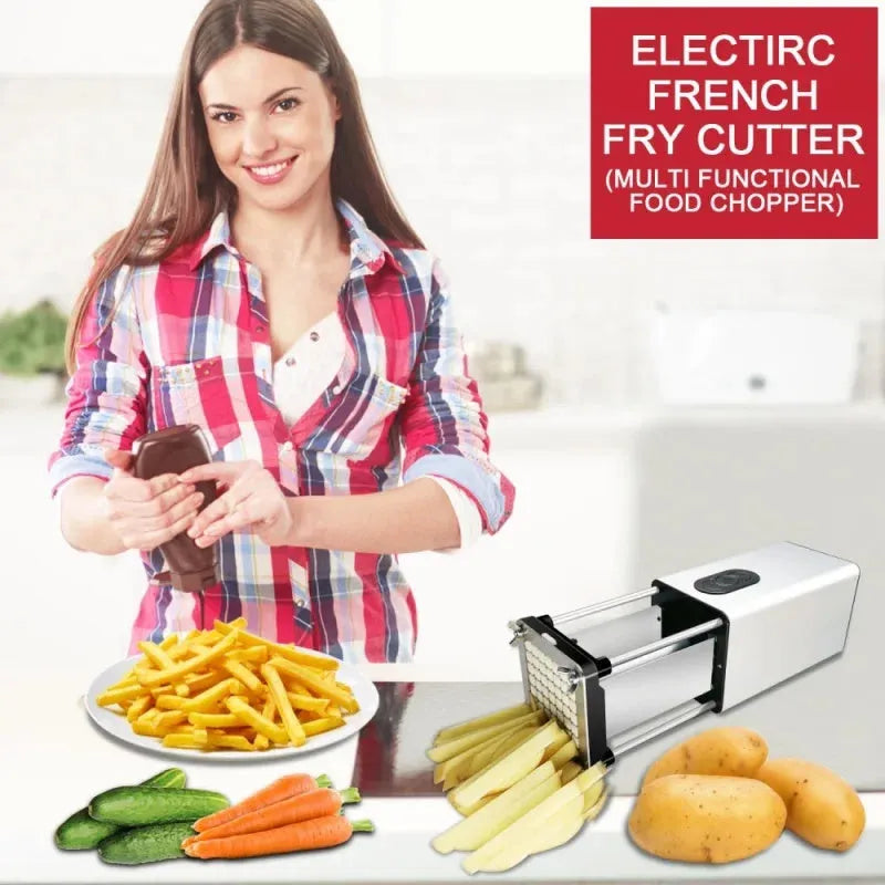 Black electric French fry cutter machine with stainless steel blades on a kitchen counter