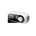 Compact portable Bluetooth speaker in black, white, or blue with USB charging cable.