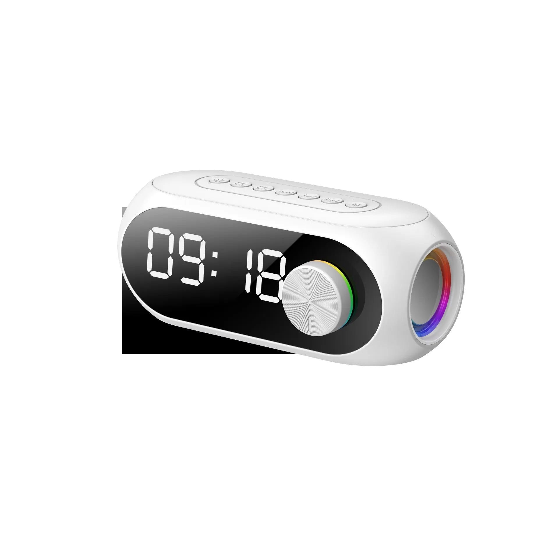 Compact portable Bluetooth speaker in black, white, or blue with USB charging cable.
