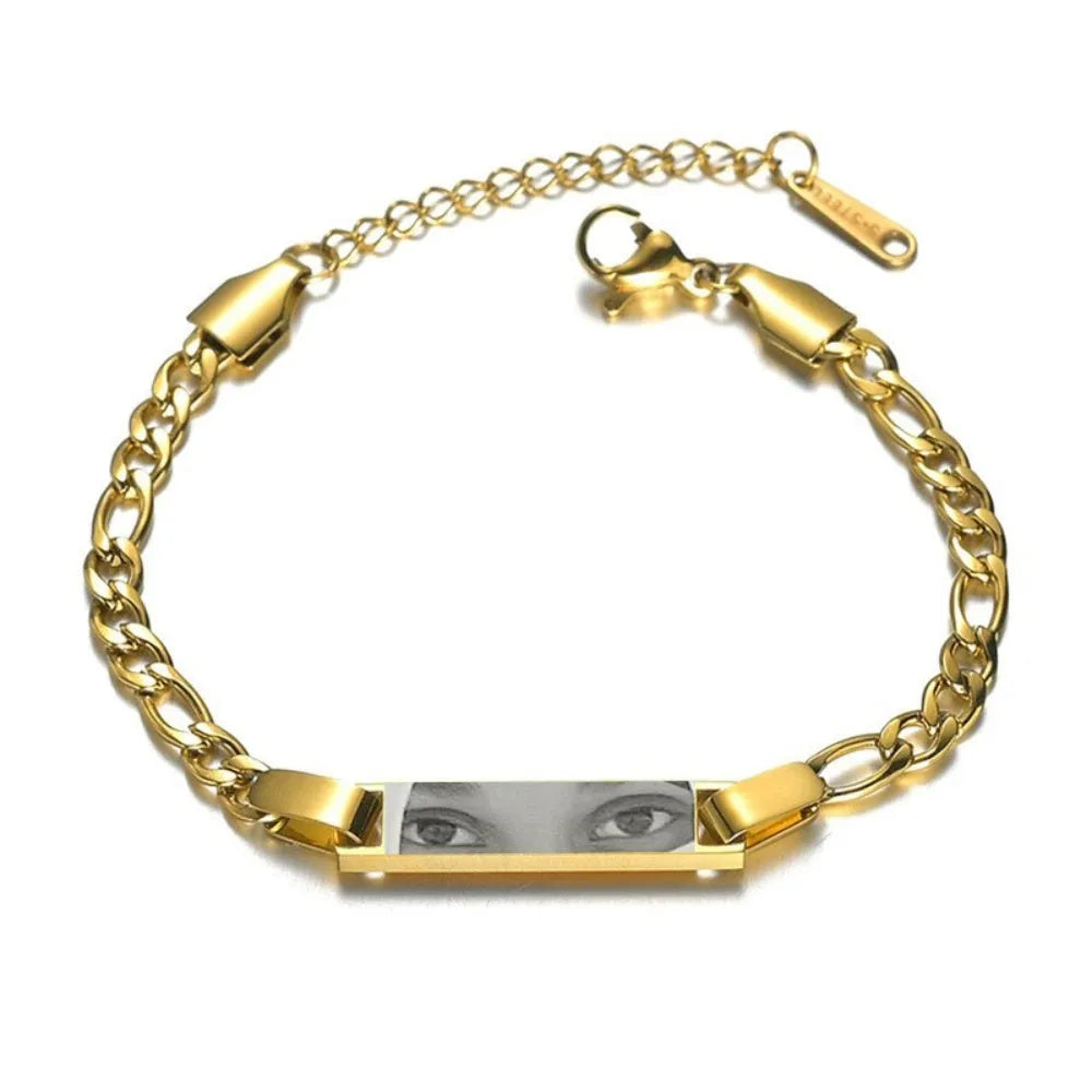 Custom stainless steel photo necklace with engraved eye design, geometric shape, and electroplating finish in a range of colours
