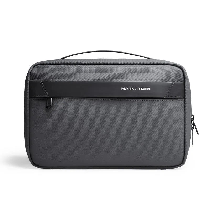 Men's portable Oxford cloth toiletries bag with wet dry separation compartments in graphite gray.