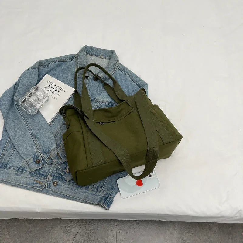 Large capacity polyester shoulder tote bag for women in solid colours with mobile phone pocket