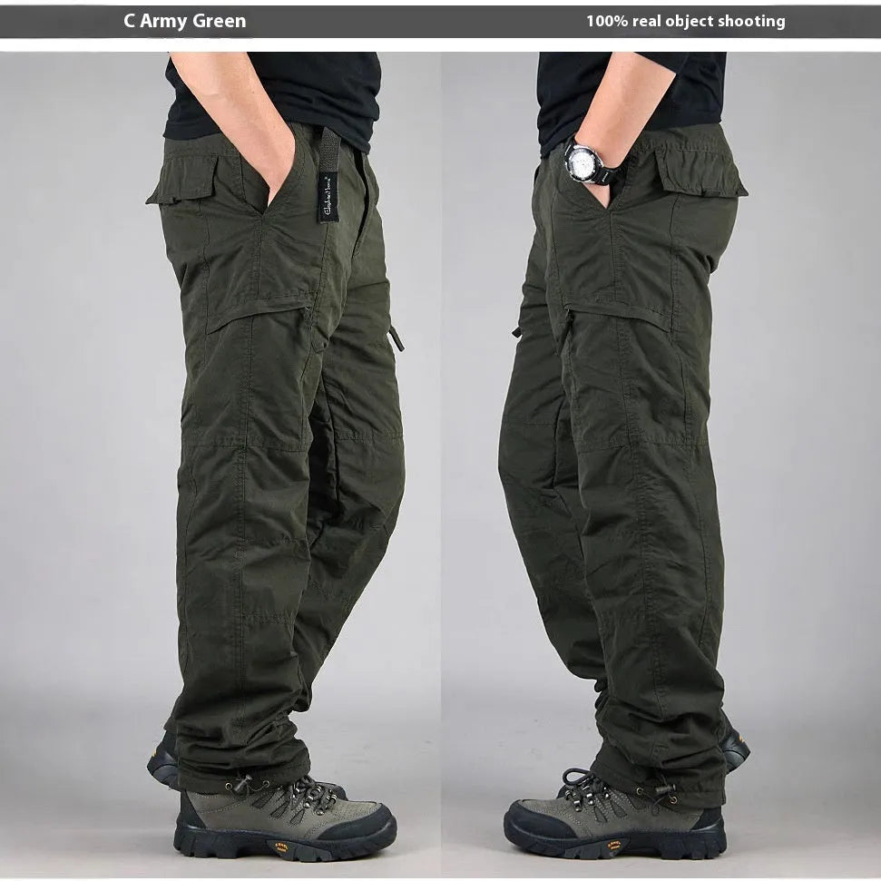 Men's thick khaki-colour velvet overalls with a straight-leg loose fit and wool lining.