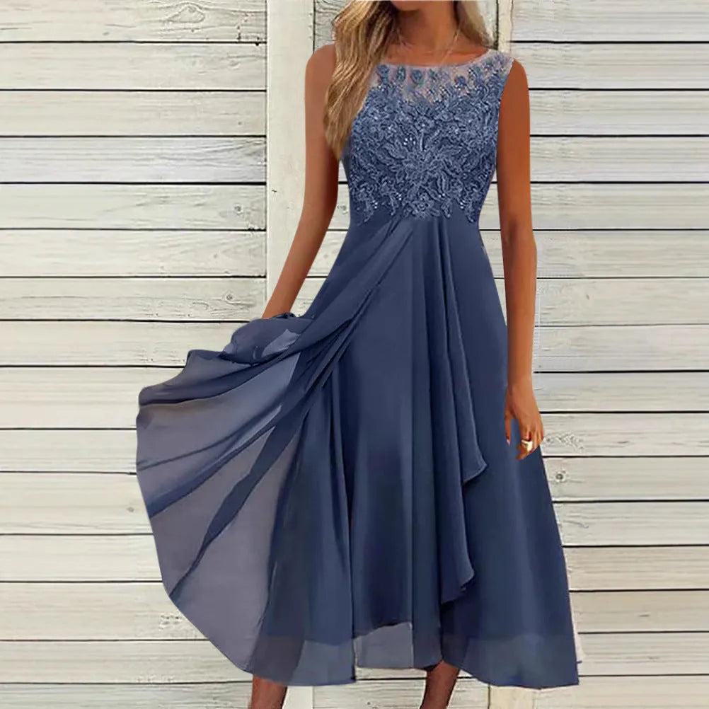 Women's sleeveless stitching lace and chiffon dress in blue, green, or purple, showing midi length and princess style.