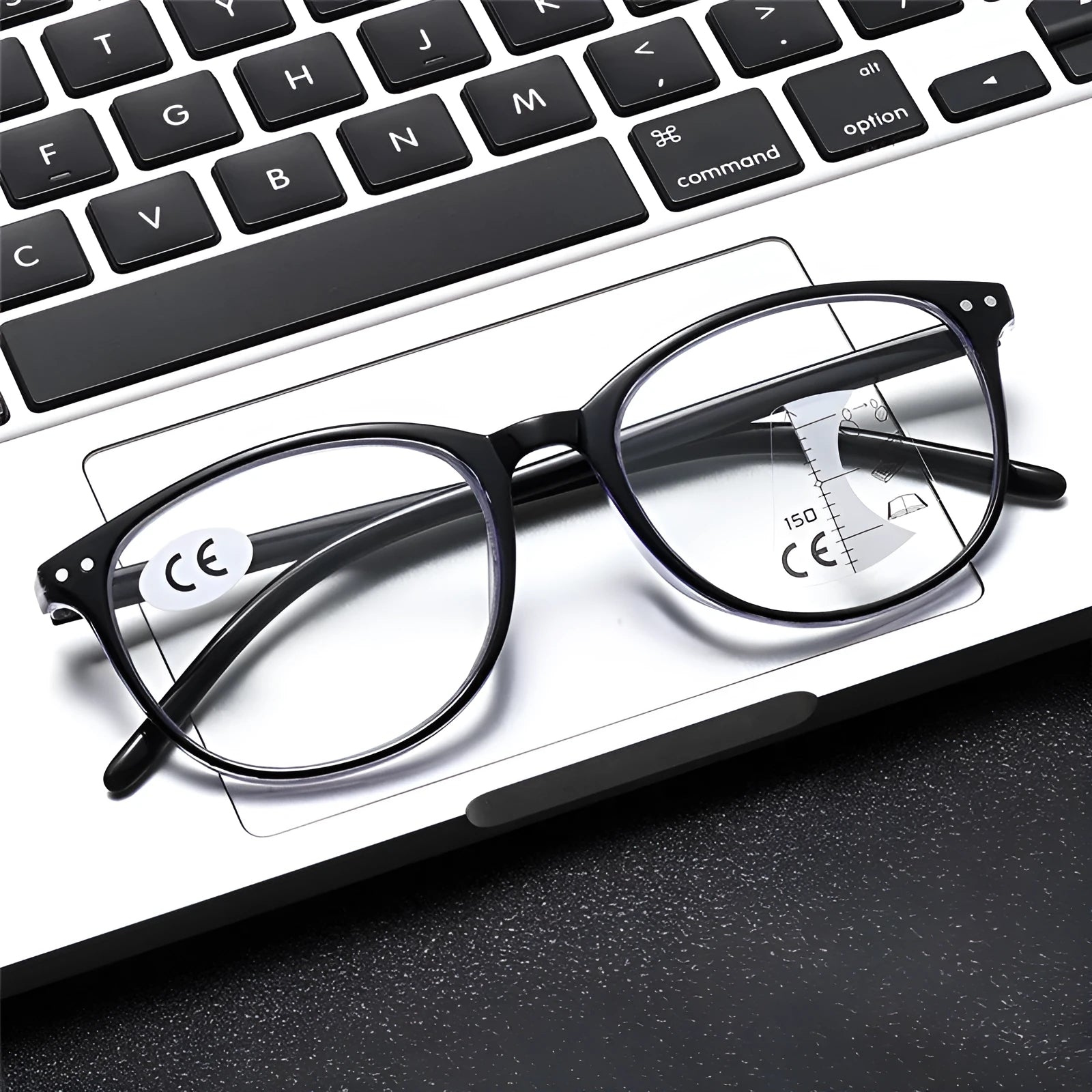 A pair of women's ultra-light presbyopic glasses with metal frames and multi-focus lenses on a table.