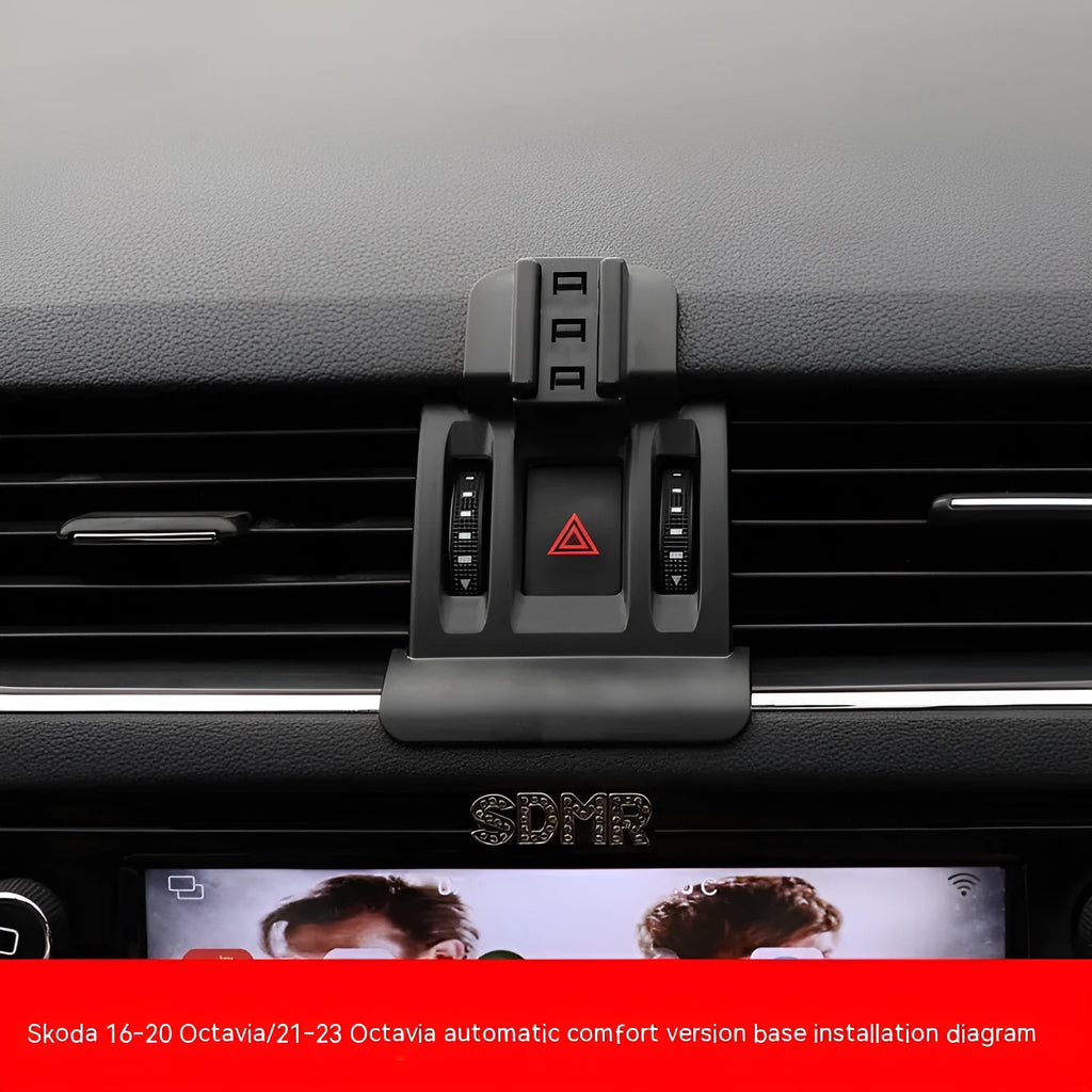 Snap-on car phone bracket mounted on Skoda air vent for secure mobile phone holding