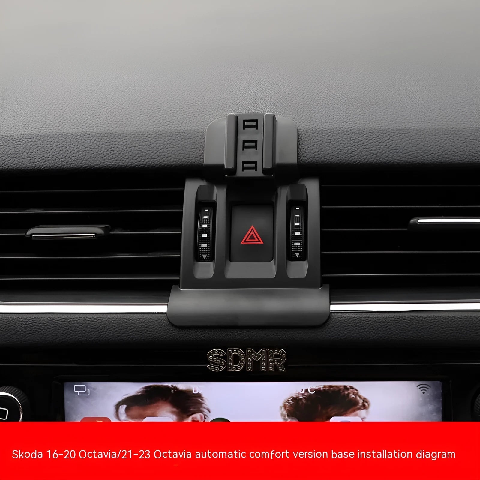 Snap-on car phone bracket mounted on Skoda air vent for secure mobile phone holding
