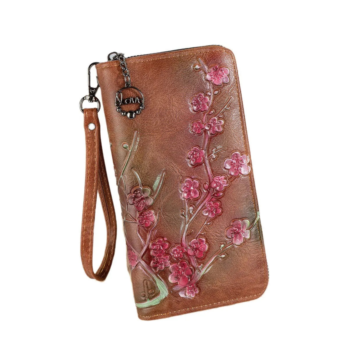 Chinese style embossed floral pattern handbag with hand-painted details in black, brown, and coffee colours