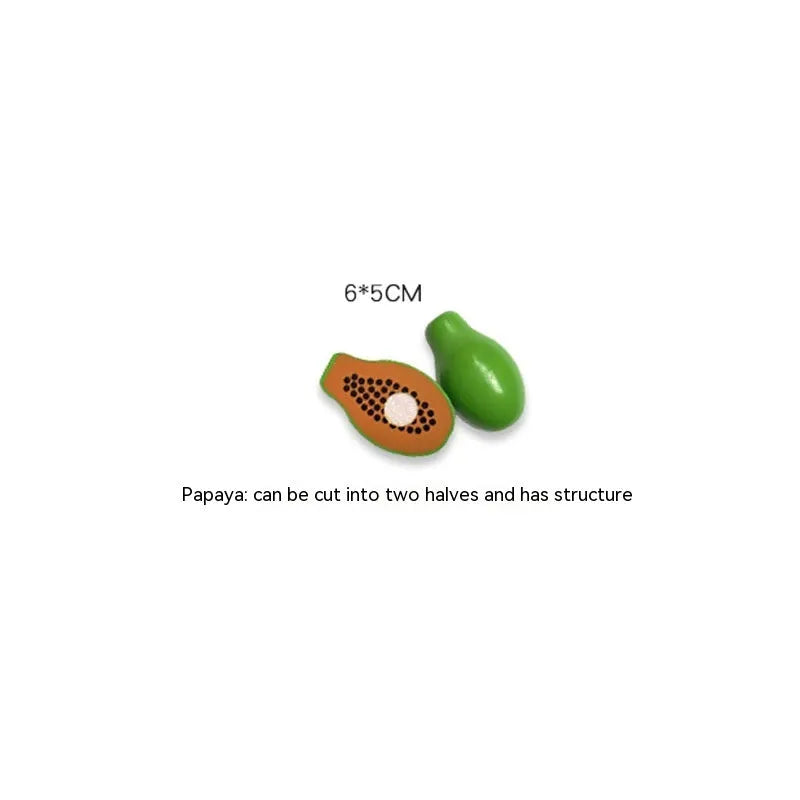 Wooden magnetic play fruit and vegetable cutting toy set on a table, including apple, banana, carrot, and more.