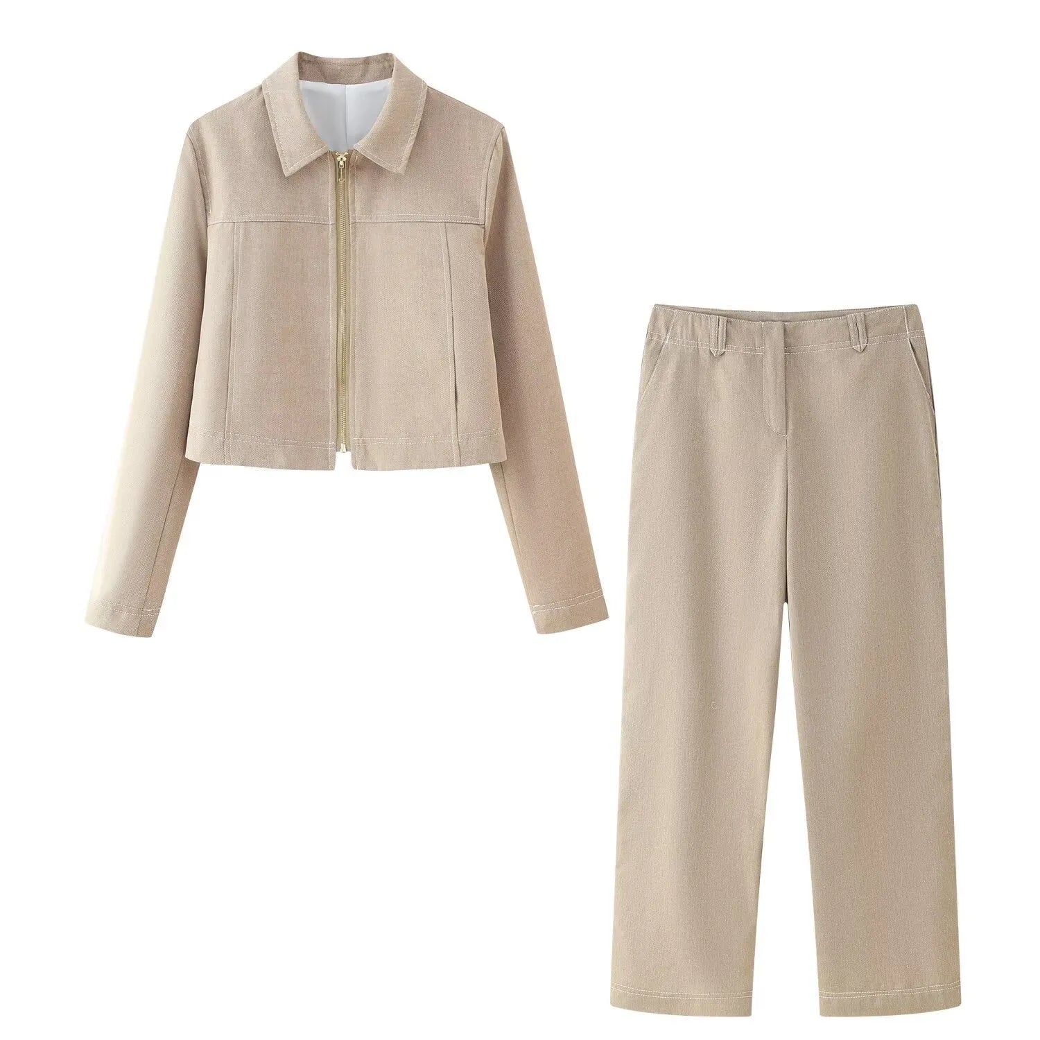 Women's herringbone pattern summer suit set with 3D embroidery detailing