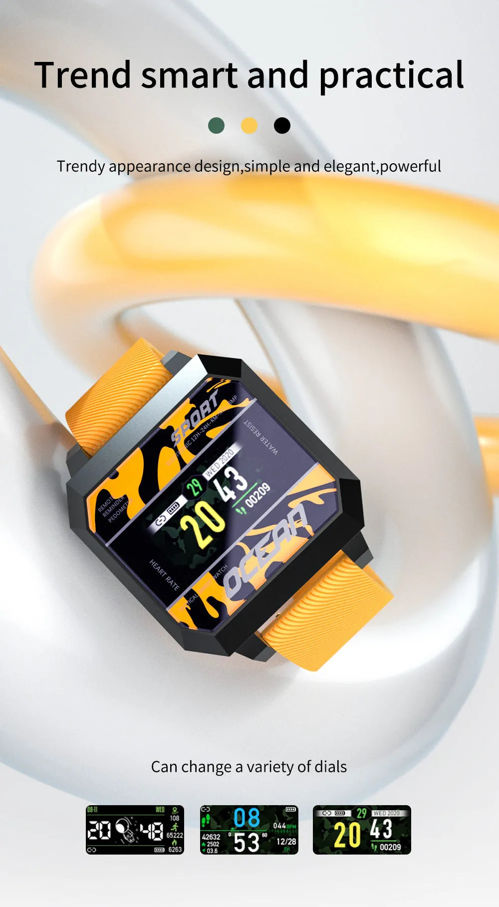 Smart sports watch with heart rate blood pressure oximeter step counter on 0.96 inch TFT display with silicone strap