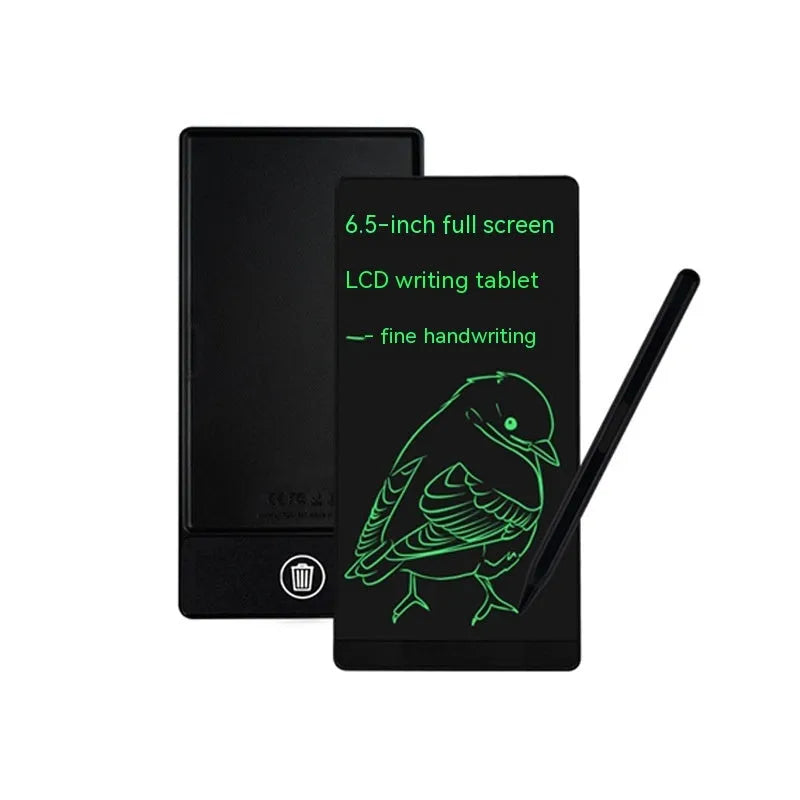 Blue LCD handwriting board showing handwritten numbers, with stylus, dimensions 155x77mm