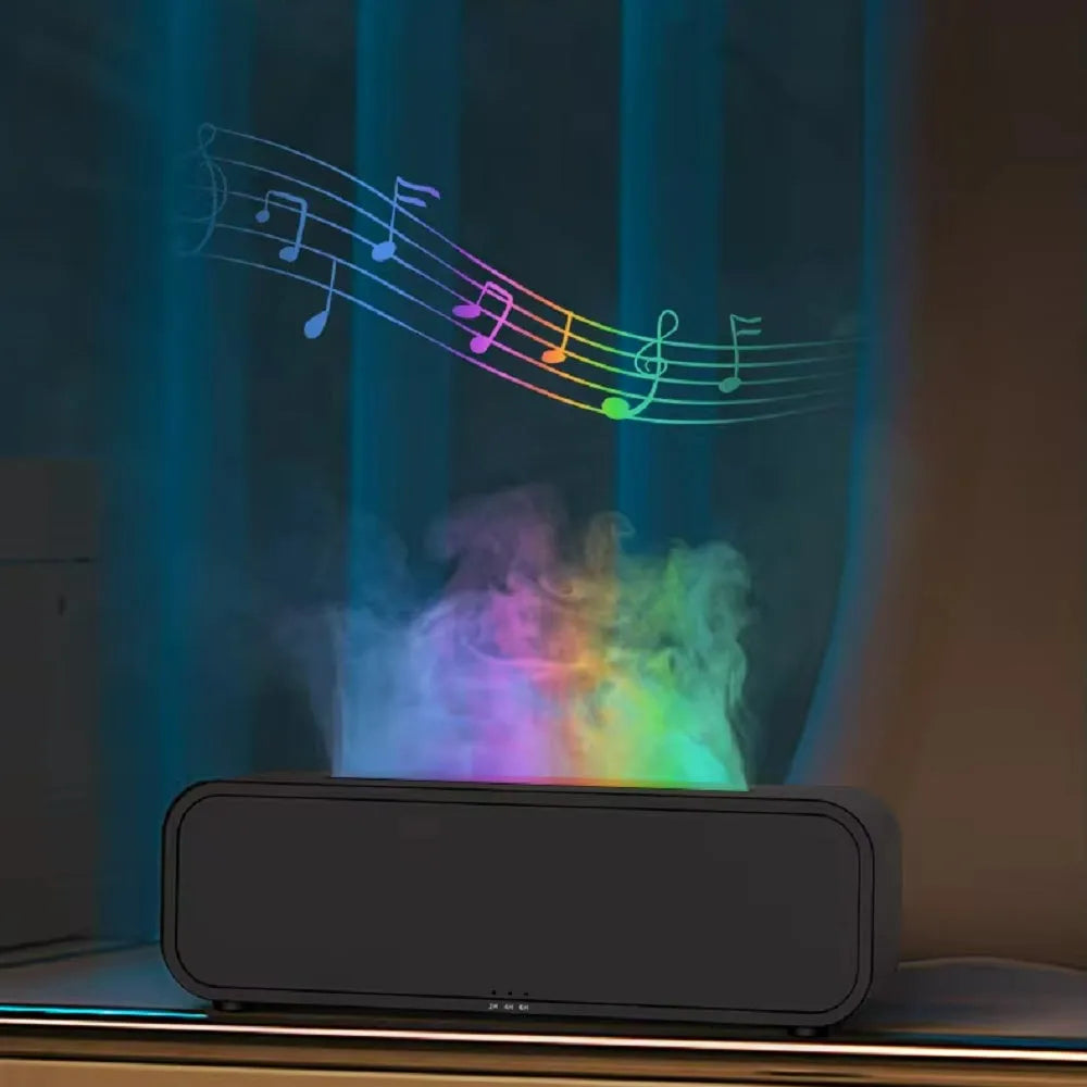 Black and white essential oil diffuser showing flame effect and colour-changing lights with remote control.
