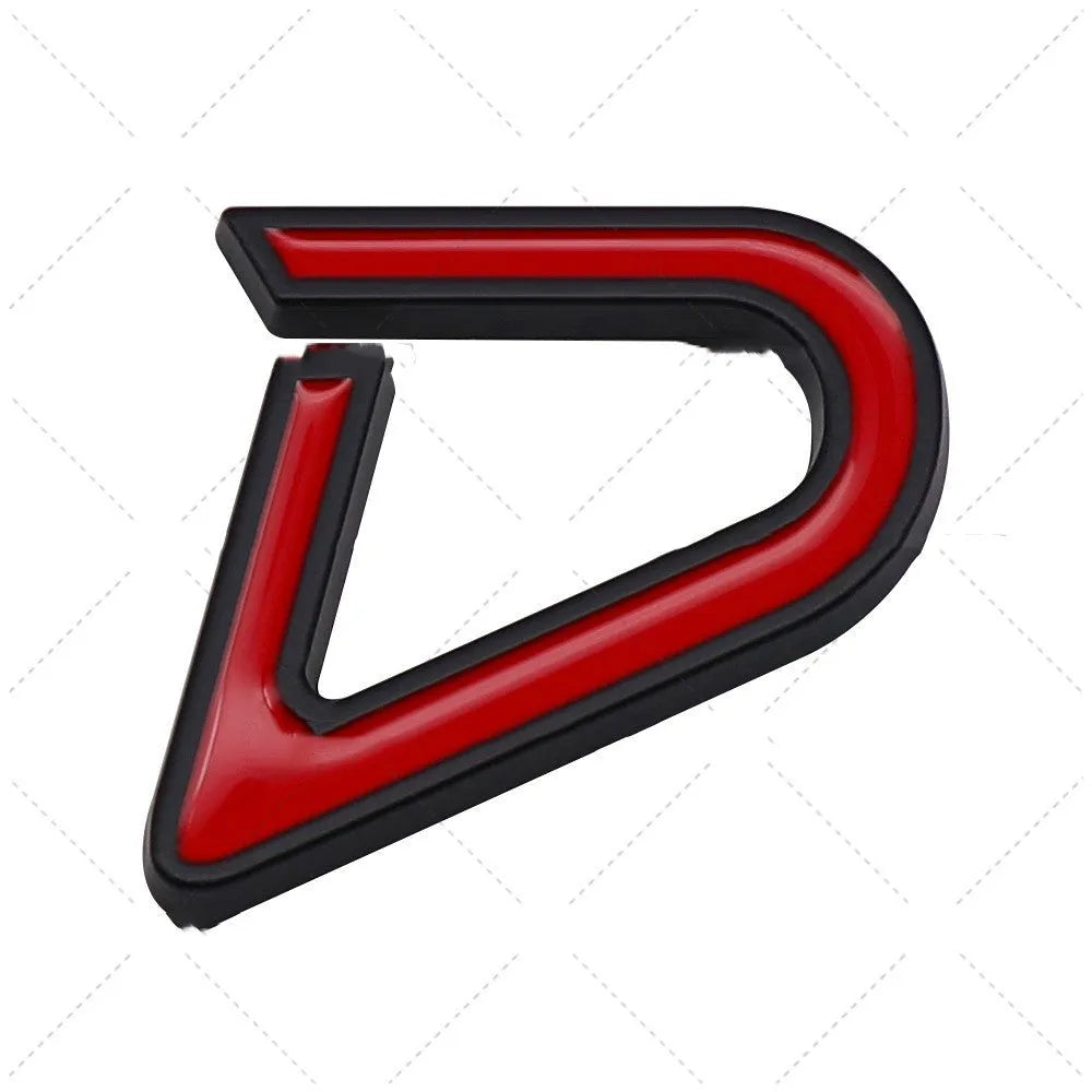 Metal car bumper sticker with SD design in red and silver colour scheme measuring 7.7 by 2.9 centimetres